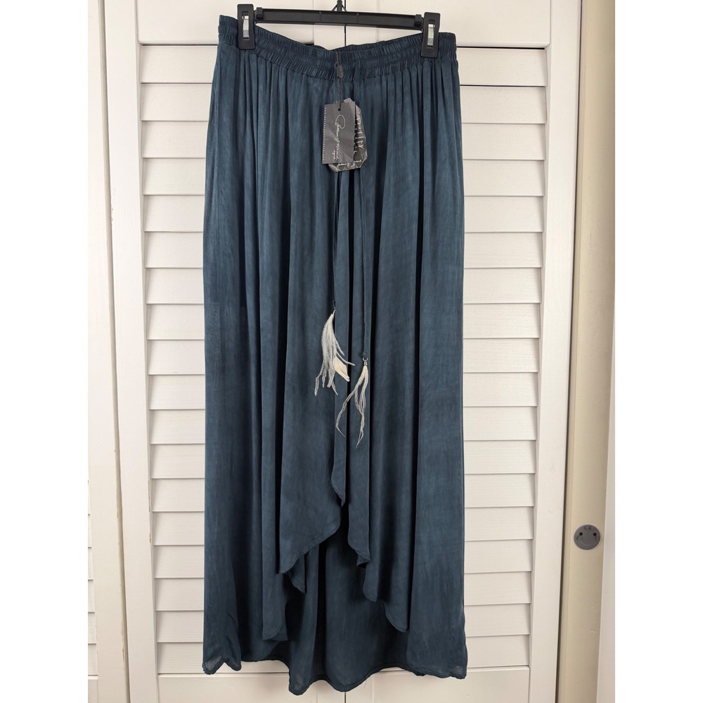 Patterson J Kincaid High Low Maxi Skirt‎ L Blue Feather Trim Boho NEW